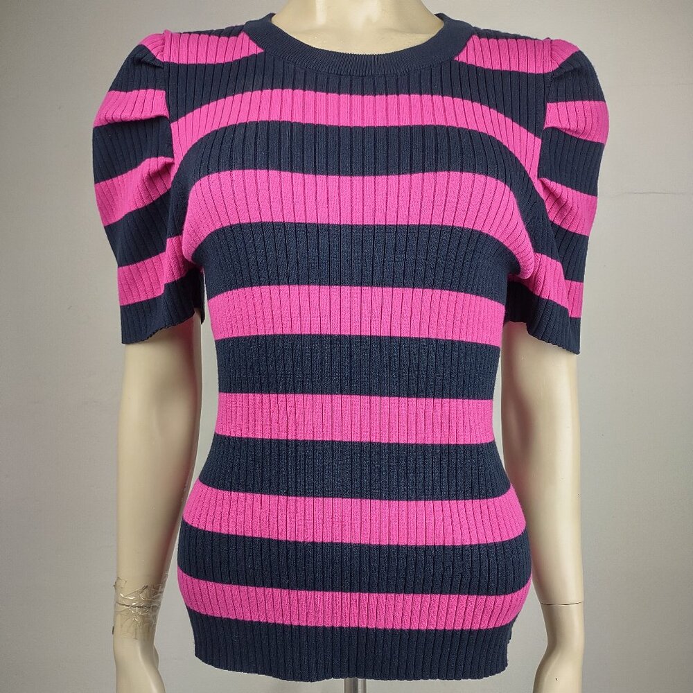 Milly pink dark blue striped ribbed puff sleeve knit top blouse ladies Medium